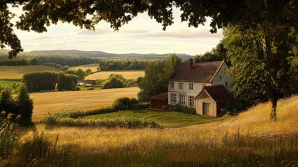 Obraz premium A Country Home Nestled in a Rolling Valley Landscape