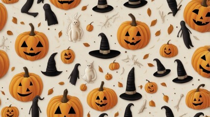 Halloween-themed arrangement with pumpkins and witches' hats on a white background