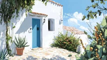 A Blue Doorway Leading to a Whitewashed Mediterranean House