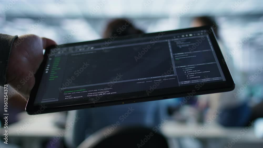 Poster computer scientist in data center solving tasks on tablet, running programming scripts. engineer man