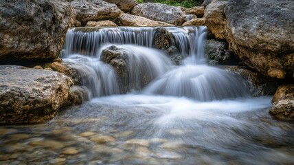 Fototapeta premium A Serene Waterfall Cascading Over Smooth Rocks in a Rocky Creek Bed