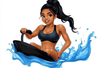 a 2D cartoon illustration of a person using a rowing machine full body workout white background