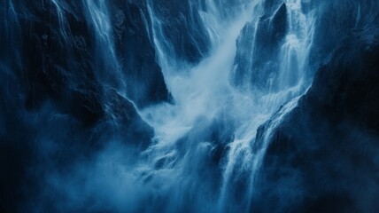 A Deep Blue Waterfall Cascade with Mist and Spray