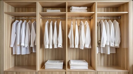 Organized white clothes in wooden wardrobe from high angle view