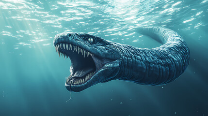 Naklejka premium Sea monster emerging from the depths capture the creatures scale and details for a captivating visual that invokes awe and fear. Gargantuan Sea Serpent. Illustration