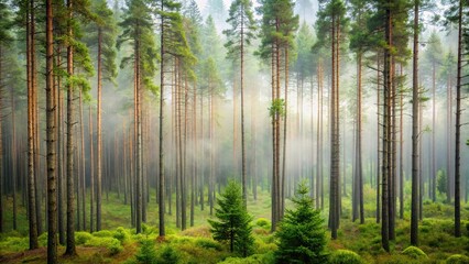 Pine trees cluster together forming a dense thicket in a misty forest clearing, landscape, misty forest, dense foliage