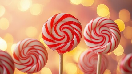Close-up of bright red and white lollipops, playful swirls, with a blurred background creating a sweet and inviting atmosphere