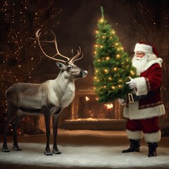 A christmas scene with santa and reindeer with a christmas tree