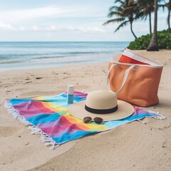 Essential summer beach accessories featuring a rainbow towel, straw hat, and sunscreen resting on the white tropical sand near the ocean waves.