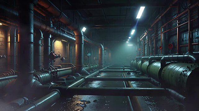 An underground industrial pipe sewer. Seamless 4K looping timelapse video animation background