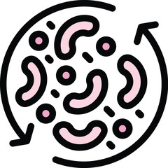 This colorful icon represents the continuous life cycle of bacteria with multiplying microorganisms
