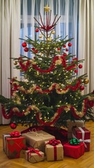Warmly lit Christmas tree decorated with red and gold ornaments, surrounded by neatly wrapped holiday gifts in a cozy indoor setting.