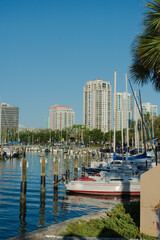 View NW from Benoist Plaza towards downtown St. Petersburg  Florida. Cityscape over boat Marina in back. Blue sky on a sunny day. Near The Pier. Dock post, pelicans, yachts, water reflection landscape