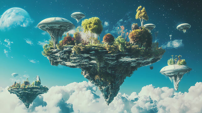 Surreal floating islands with levitating alien flora and fauna in a futuristic anti gravity utopia. Alien Flora and Fauna. Illustration