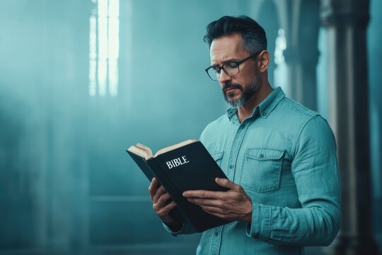 A thoughtful man is reading a Bible in a serene, softly lit environment, evoking a sense of contemplation and spirituality, This image is ideal for religious content, articles