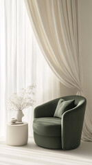 green velvet chair with white vase and curtains in minimalist room