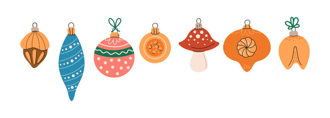 Christmas tree baubles flat color vector objects set. Vintage new year holiday ornaments illustrations bundle on white background