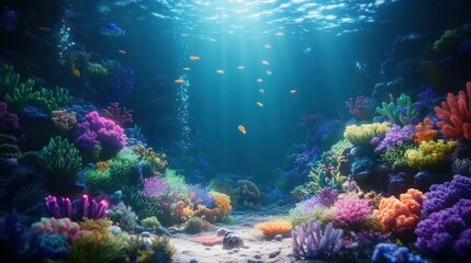Obraz premium A vibrant coral reef scene with colorful fish and a beam of sunlight shining through the water.