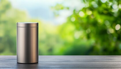 Fototapeta premium 3d render A sleek, metallic container sits on a wooden surface, surrounded by a lush, green backdrop, evoking a sense of tranquility and nature.