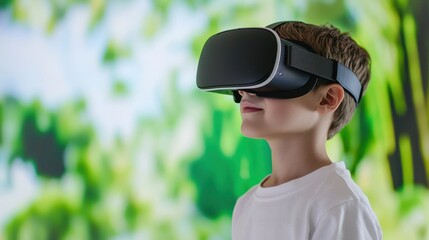 A young boy wearing a virtual reality headset stands against a vibrant green background, immersed in an interactive digital experience.