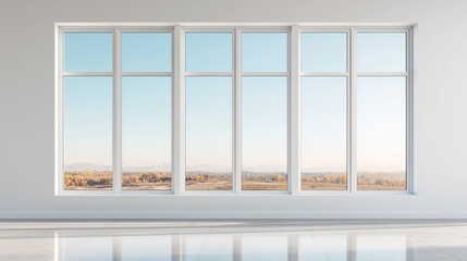 A modern, minimalist interior featuring large windows that provide a clear view of the outdoors and a bright, inviting atmosphere.