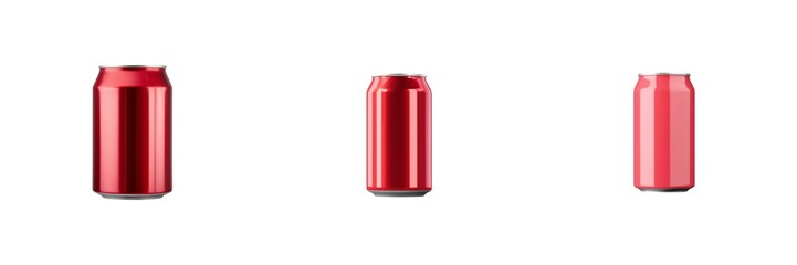 Three red soda cans in varying heights arranged side by side on a plain background.