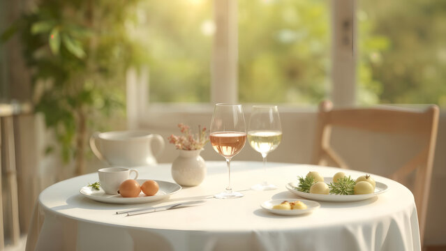 An Elegant White Table Sharing Exquisite Wine Against a Serene Backdrop for an Intimate Gathering