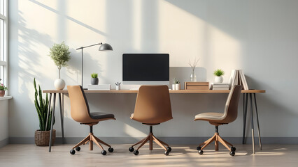 A Spotless and Impeccably Organized Computer Desk Surrounded by Three Stylish Chairs in an Inspiring Workspace