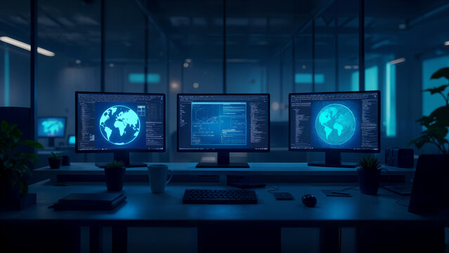 A Dynamic Workspace Featuring a Group of Three Computer Screens Illuminating Timely Information and Enhancing Productivity