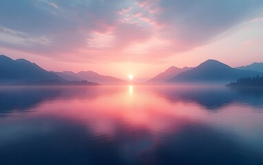 Obraz premium A serene sunset over a tranquil lake, surrounded by mountains and soft pastel colors.