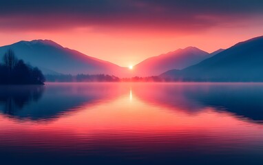 Fototapeta premium A serene sunset over a tranquil lake, reflecting vibrant colors and surrounding mountains.