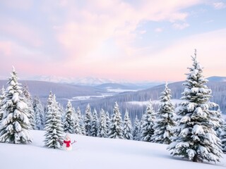 Naklejka premium Happy snowman standing in a snow-covered winter landscape with a panoramic view, featuring a clear blue sky and snow-capped trees in the background, landscape, scenery