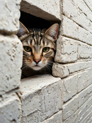 A curious cat peeks through a hole in a large white wall.