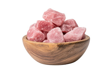 Pink rock candy in a wooden bowl