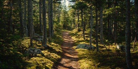 A serene forest path surrounded by trees and greenery, inviting exploration and tranquility.