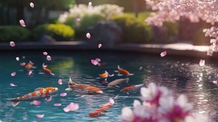 Koi fish swim in a pond with falling cherry blossoms and a Japanese garden in the background.