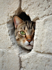 A curious cat peeks through a hole in a large white wall.