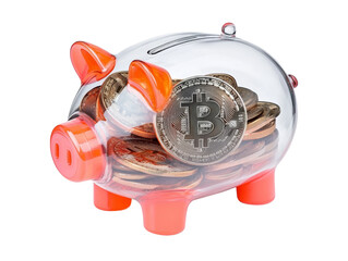 Clear Piggy Bank with Bitcoin and Coins Inside