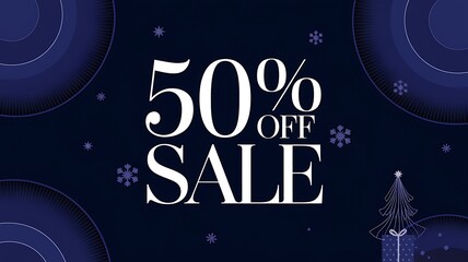 Fototapeta premium Festive Blue Background with 50% Off Sale Text and Christmas Tree