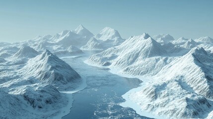 Obraz premium A panoramic view of a snow-covered mountain range with a winding river running through it.