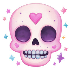 Colorful skull illustration with heart accents surrounded by whimsical stars isolated on transparent background.