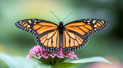 Fototapeta premium Butterfly sits gracefully on flower petals while showcasing vibrant colors in nature's splendor