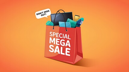 Red Shopping Bag Overflowing with Electronics and "Special Mega Sale" Text
