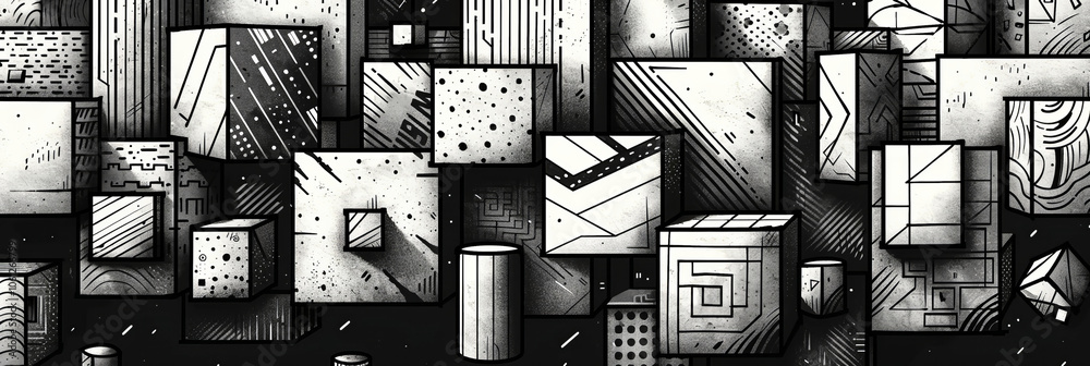 Poster an assortment of gray geometric shapes features various sizes and intricate patterns, creating a str