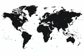 This world map presents a stark black and white design, showcasing the outlines of continents and oceans.
