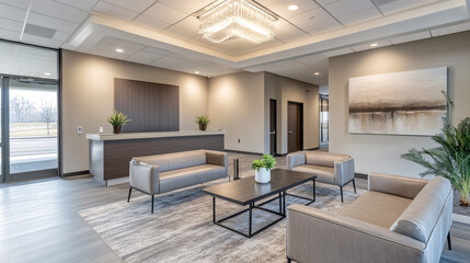 Fototapeta premium modern lobby interior with grey couches and abstract painting