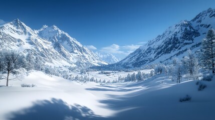 Fototapeta premium A serene winter landscape featuring snow-covered mountains and a tranquil valley.