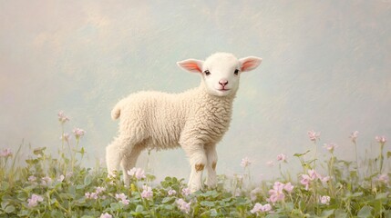 Obraz premium Adorable Lamb Standing in a Field of Pink Flowers