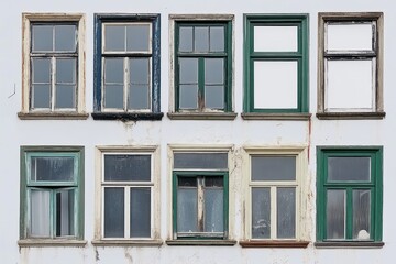 Obraz premium A facade featuring various windows with different styles and colors, showcasing architectural details.