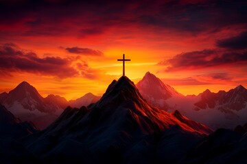 A wooden cross stands atop a snow-capped mountain peak, silhouetted against a fiery sunset sky.